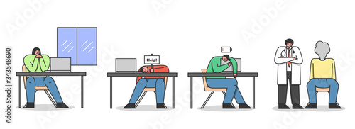 Concept Of Emotional Burnout Syndrome. Exhausted Tired People Sitting At Workplaces In The Office. Two Men With the Sign Help And Low battery Icon. Cartoon Linear Outline Flat Vector Illustration