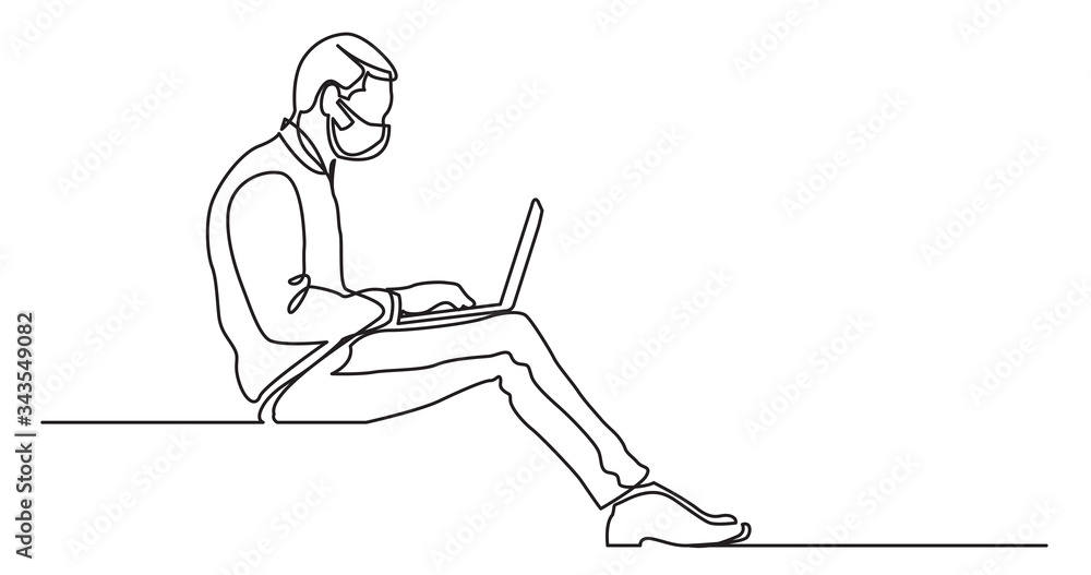 continuous line drawing of man in protective mask sitting working on laptop computer continuous line drawing of man in protective mask sitting working on laptop computer