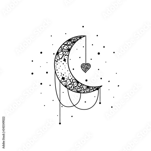 Mystical moon and stars. Stars, constellations, moon, crystals.
