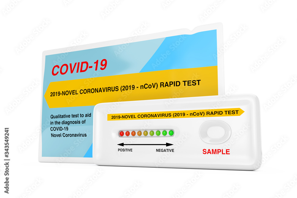 Rapid Test Device for Viral Disease Novel Coronavirus COVID-19 2019 n-CoV with Package. 3d Rendering Rapid Test Device for Viral Disease Novel Coronavirus COVID-19 2019 n-CoV with Package. 3d Rendering