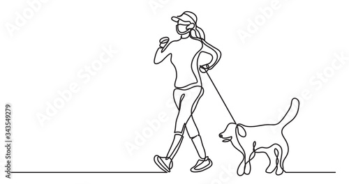 continuous line drawing of woman in protective mask walking her dog