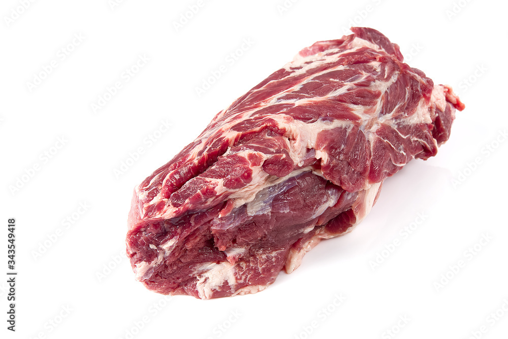 Fresh raw pork neck meat isolated on white background. Pork belly on a white background. Raw pork neck boneless, close-up, isolated. Fresh raw pork neck meat isolated on white background. Pork belly on a white background. Raw pork neck boneless, close-up, isolated.