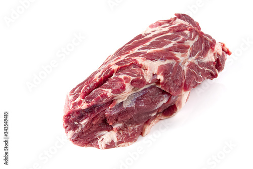 Fresh raw pork neck meat isolated on white background. Pork belly on a white background. Raw pork neck boneless, close-up, isolated.