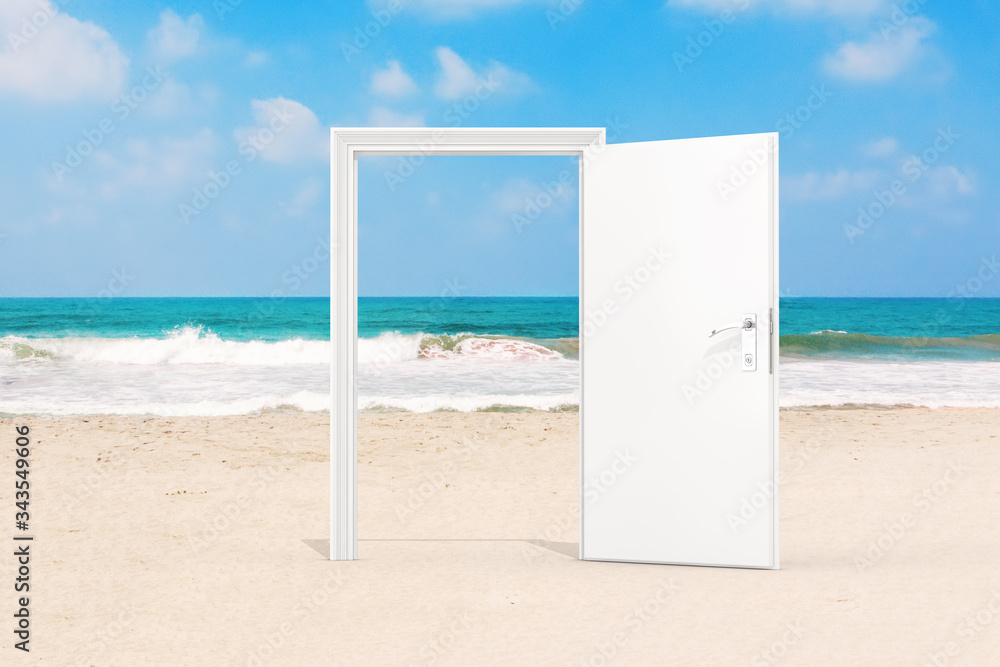 Opened White Door on the Ocean or Sea Sand Beach. 3d Rendering