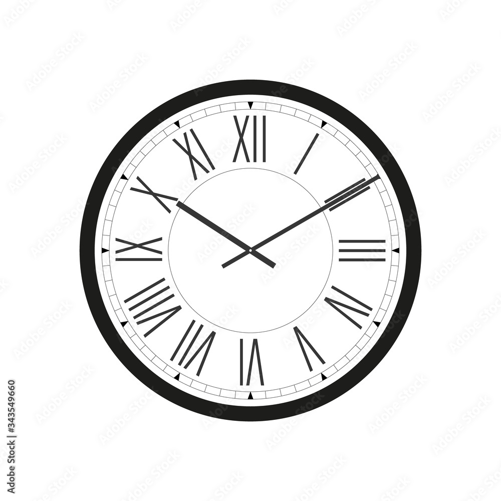 Wall clock with black frame and hands. Flat style vector illustration. Roman numeral clock isolated on white background. Wall decor. Easy to rotate hands Wall clock with black frame and hands. Flat style vector illustration. Roman numeral clock isolated on white background. Wall decor. Easy to rotate hands