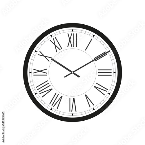 Wall clock with black frame and hands. Flat style vector illustration. Roman numeral clock isolated on white background. Wall decor. Easy to rotate hands	