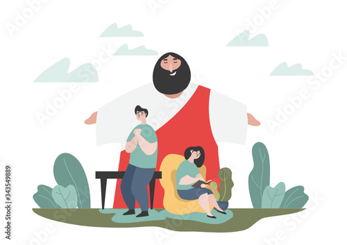 Cartoon drawing of Jesus comforting people Is a vector image or illustration that can be used for various designs and media.