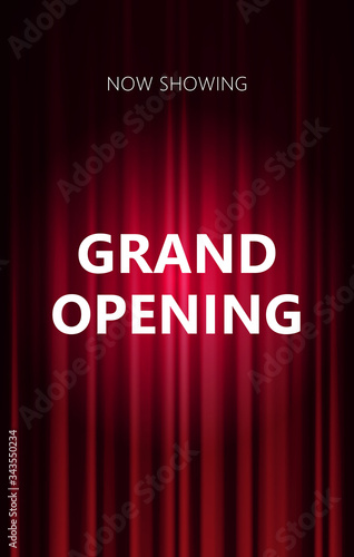 Grand Opening text on Spotlight on stage curtain. Theatrical drapes. Vector illustration