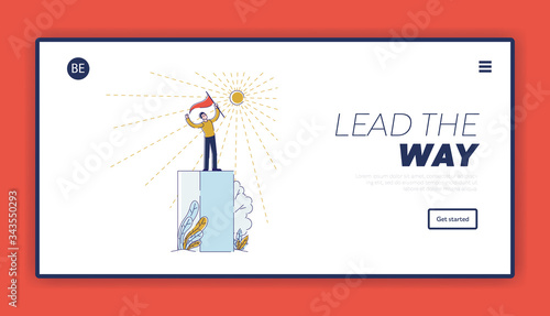 Website Landing Page. Success Businessman Standing Proudly On Platform In Top Position Holding Flag. Character Has Reached Success. Web Page Cartoon Linear Outline Flat Style. Vector Illustration photo