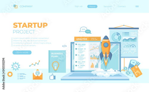 Project Startup, Financial planning, Idea, Strategy, Management, Realization, Success. Rocket launch, laptop, report, business plan. Can use for web banner, landing page, web template.