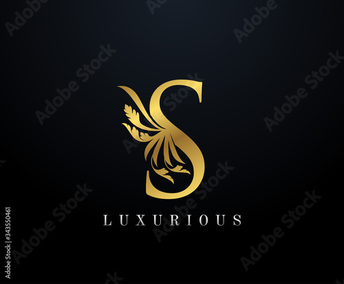 Gold Luxury letter S Floral logo. Vintage drawn emblem for book design, weeding card, brand name, business card, Restaurant, Boutique, Hotel. 