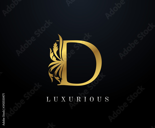 Gold Luxury letter D Floral logo. Vintage drawn emblem for book design, weeding card, brand name, business card, Restaurant, Boutique, Hotel. 