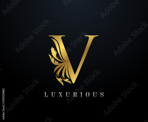 Gold Luxury letter V Floral logo. Vintage drawn emblem for book design, weeding card, brand name, business card, Restaurant, Boutique, Hotel. 