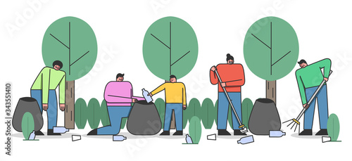 Concept Of Environment Protection, Volunteering Activity. Volunteers Clean Planet, Collect Plastic Waste In Forest Or In Park For Further Recycling. Cartoon Linear Outline Flat Vector Illustration