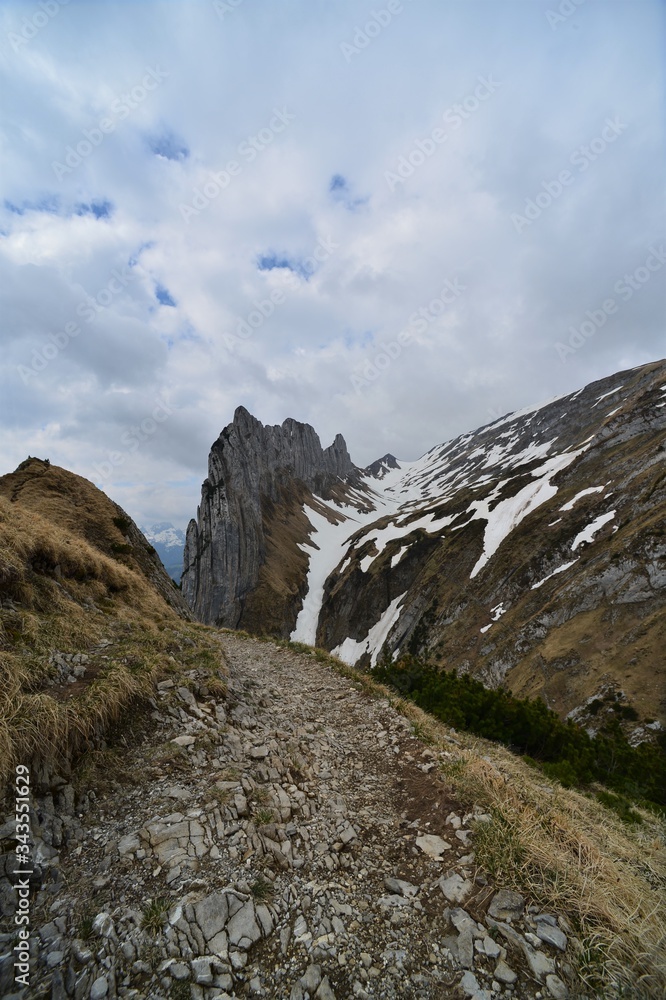 Stony hiking trail in the Swiss Alps with mountains in the background