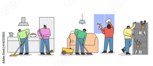 Concept Of Cleaning Service. People Clean Apartment. Men And Women Vacuuming, Sweeping The Floor, Dusting. Characters Doing Wet Cleaning In The Room. Cartoon Linear Outline Flat Vector Illustration