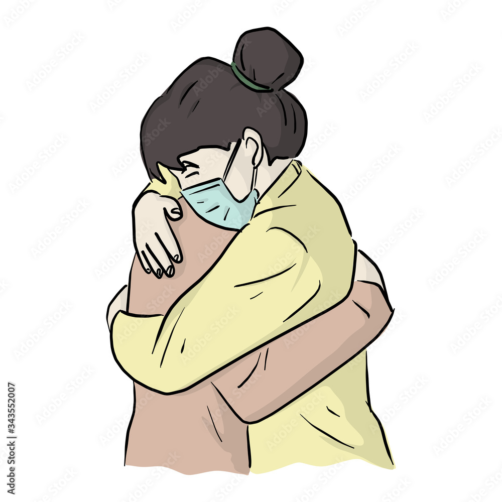 woman with surgical masks sharing a hug to her family vector illustration sketch doodle hand drawn isolated on white background woman with surgical masks sharing a hug to her family vector illustration sketch doodle hand drawn isolated on white background