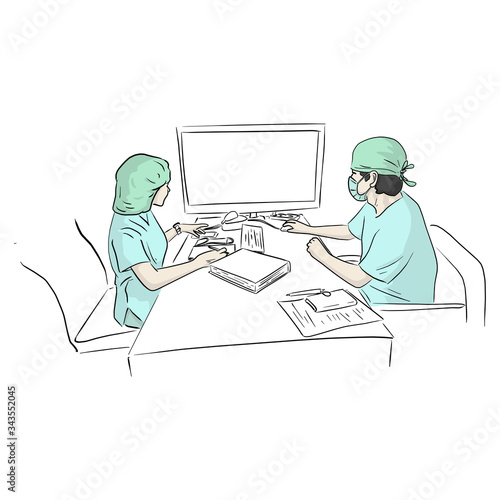 two doctors team working at computer desk in hospital in case of Covid-19 virus vector illustration sketch doodle hand drawn isolated on white background