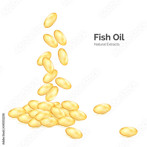 Fish oil omega 3. Transparent capsules with nutrition supplement. Fallen pills yellow color. Vector illustration isolated on white