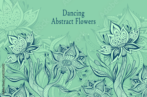 Template from Abstract Dancing Tropic Fantasy flowers in marine blue colors  for  cosmetic  perfume or for decoration different things or hygiene products or  for creative Post Card