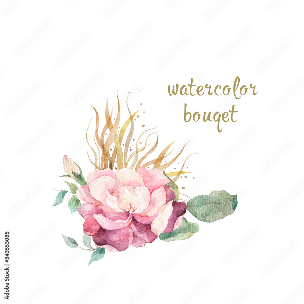 Hand drawn watercolor bouquet with red, white and blue roses, peony and lilac flowers and green leaves. Isolated on white background for wedding invite design