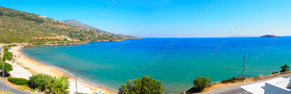 superb panoramic view of Paralia Kipri (Cyprus beach) in Gavrio, on the island of Andros, famous Cyclades island in the heart of the Aegean Sea