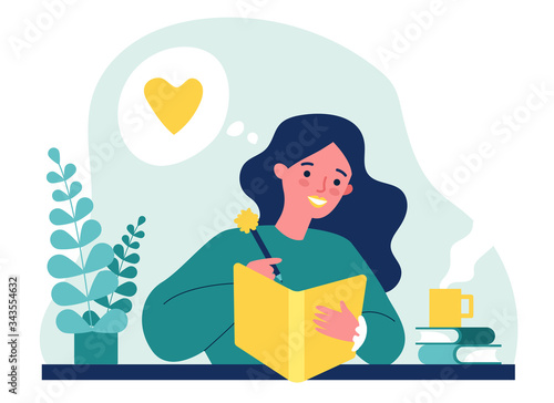 Teenage girl writing diary or journal. Happy young woman reading book and taking notes with pencil. Vector illustration for journal, author, student, teenager in love concept