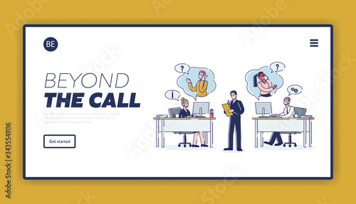 Online Support And Call center Concept. Website Landing Page. Call center Operators In Headphones Consult Customers And Share An Information. Web Page Cartoon Linear Outline Flat Vector Illustration