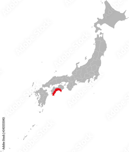 Kochi province highlighted red on Japan map. Gray background. Perfect for business concepts, backgrounds, backdrop, sticker, banner, poster, label, chart and wallpaper.