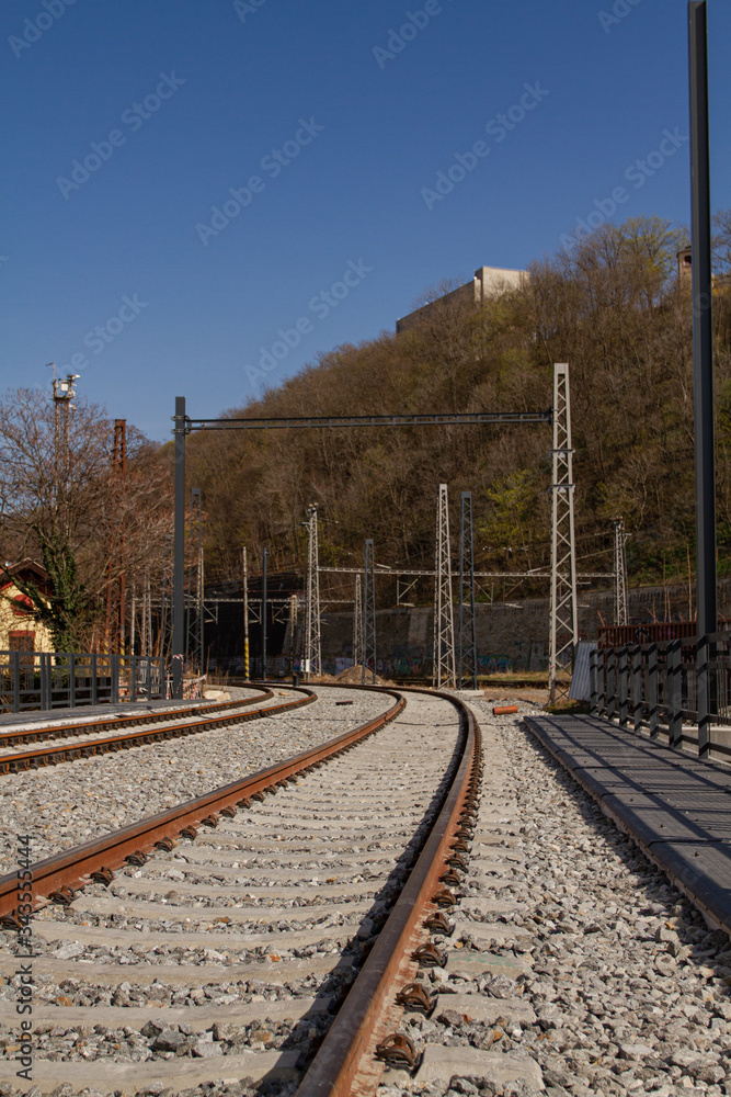 Fototapeta premium train bridge in the city in Prague . Train railways in Czech