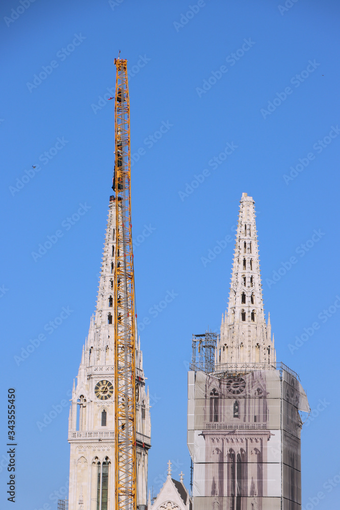 Removal part of the left tower of Zagreb Cathedral, damaged in the earthquake of March 22. 2020. The right tower itself collapsed. Removal part of the left tower of Zagreb Cathedral, damaged in the earthquake of March 22. 2020. The right tower itself collapsed.
