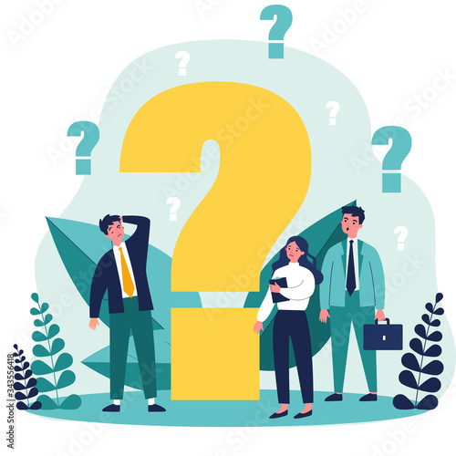 Confused businesspeople asking questions. Puzzled cartoon characters searching answers and problem solution near big question mark. Vector illustration thinking, help, assistance, trouble for concept