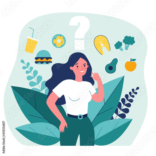 Cheerful woman thinking over her snack and choosing between junk and healthy food. Vector illustration for health, choice, diet, healthy vs unhealthy concept