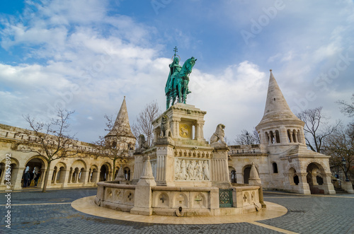 Bronze statue of Stephen I of Hungary mounted on a horse at Fisherman's Bastion terrace, the Castle hill in Budapest, Hungary.