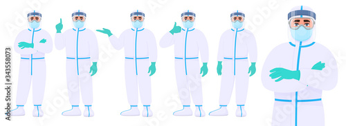 Male doctor in protective suit standing various postures and showing hand gestures. Set of physician or surgeon character covering with safety coverall (PPE). Cartoon illustration in vector style.