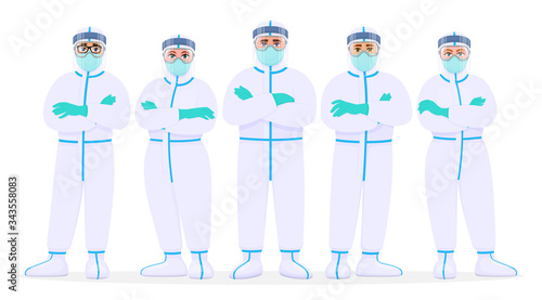 Group of doctors in protection suit, face shield, mask and goggles. Team of medical staffs with personal protective equipment. Physicians covering with safety coverall. Cartoon illustration in vector.