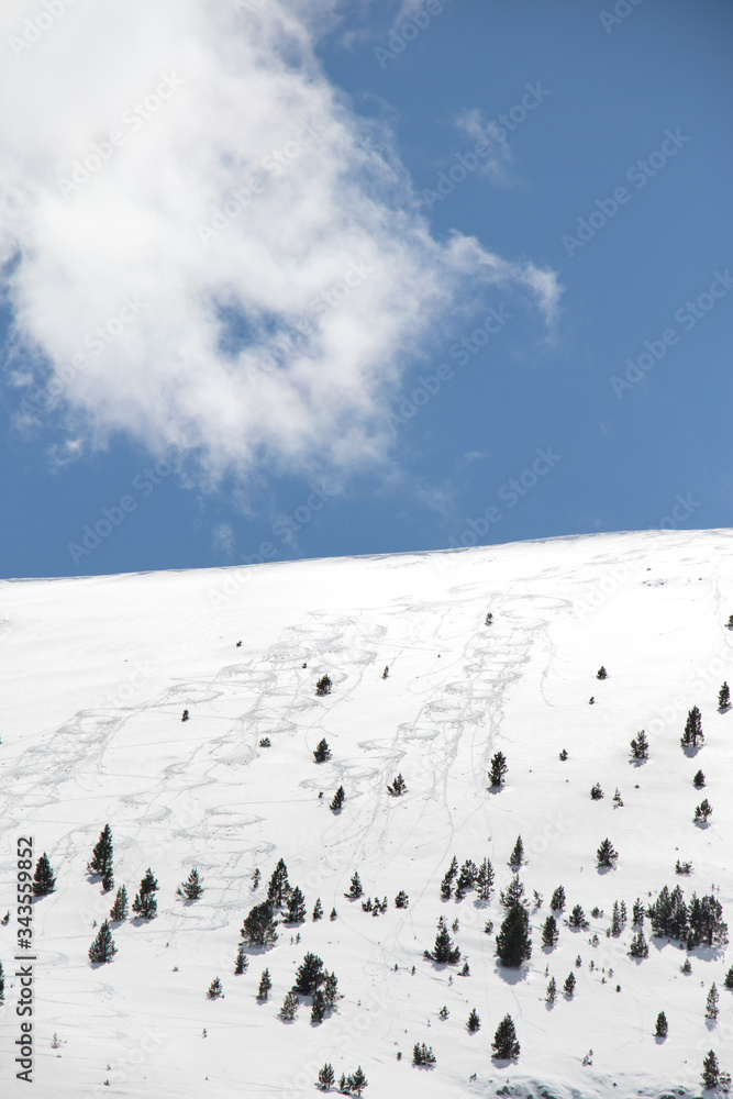 Ski marks on a snowy slope with bare sky Ski marks on a snowy slope with bare sky