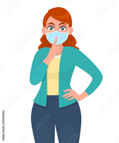 Young girl wearing medical mask and showing finger on lips gesture sign. Woman covering face protection from virus epidemic and asking silence symbol. Female character cartoon illustration in vector.