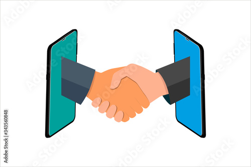 Business handshake vector illustration flat style. Online Communication, two business man handshake on mobile, Businesspersons shaking hands through display of a phone. 