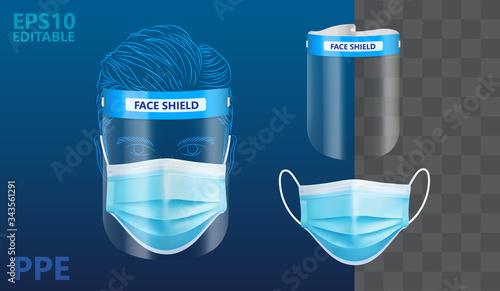 Realistic Solid Personal Protective Equipment set. Face Shield and medical mask in isolated vector