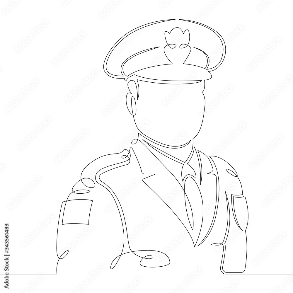 One continuous drawing line Uniformed police officer. Male policeman in