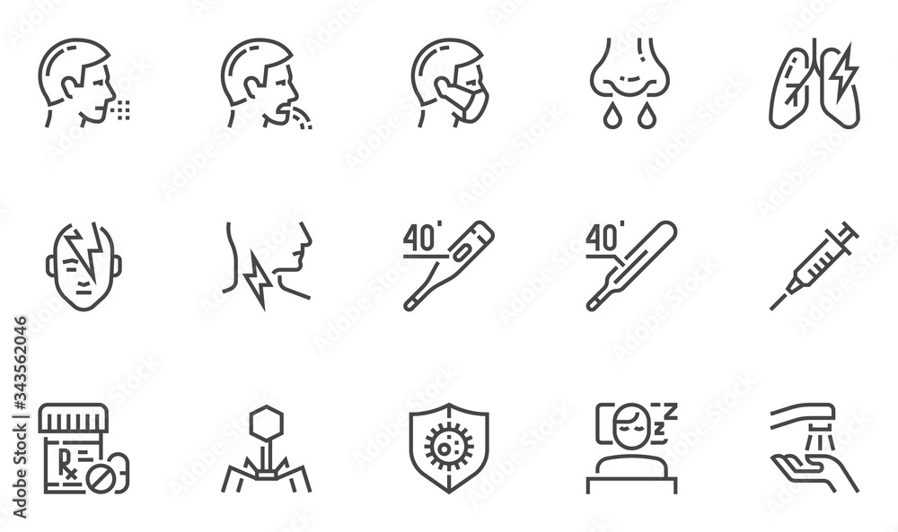 Fototapeta premium Symptoms of Colds, Flu, and Food Poisoning Vector Line Icons. Headache, Vomiting, Fever, Cough, Runny Nose. Treatment and Prevention of Viral Diseases. Editable Stroke. 48x48 Pixel Perfect.