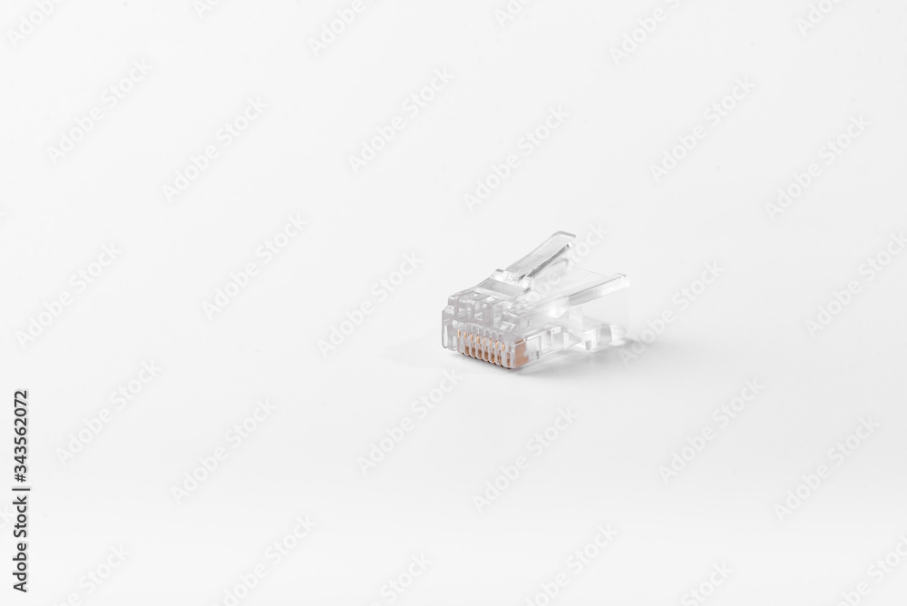 A lan connector close up isolated in white background. Copy space. Space for text.