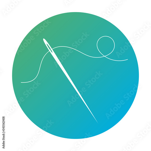Drawn silhouette of a sewing needle with thread. Symbol on a round blue background. Vector isolated illustration.
