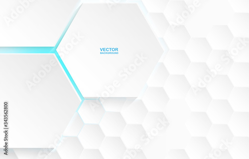 Abstract. Hexagon white background   blue light and shadow. Vector.