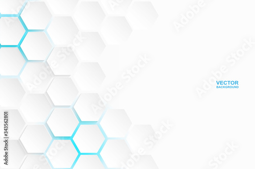 Abstract. Hexagon white background , blue light and shadow. Vector. photo
