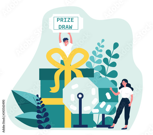 Lucky winners turning raffle drum and getting prize gift boxes. People winning prize draw. Vector illustration for lottery, luck, fortune, gambling concept