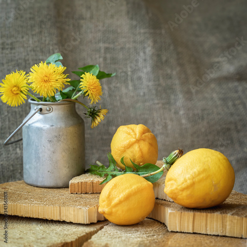 Bright organic lemons, natural vitamin C and an old aluminum can with dandelions on a natural wooden background, vintage