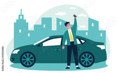 Happy young man leasing car flat vector illustration. Driver holding in hand keys to his new vehicle. Dealer making presentation for modern auto. Transport and lease concept