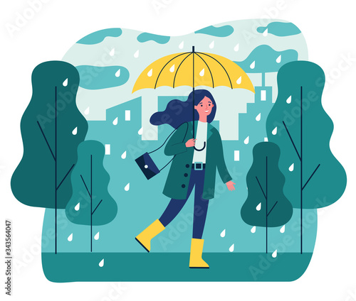Happy smiling girl with umbrella walking in rainy day flat vector illustration. Woman staying outdoor in falling weather. Female character going in rain. Season, autumn and landscape concept